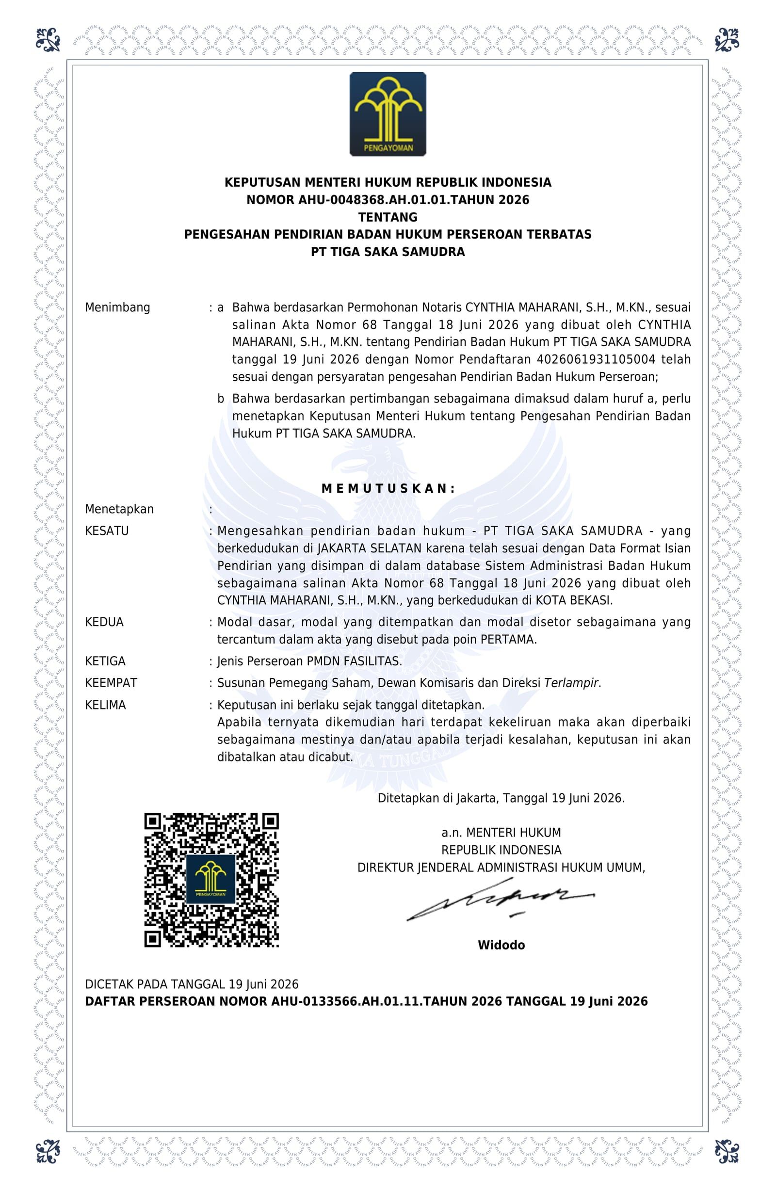 Ministry of Law decree approving PT Tiga Saka Samudra as a legal entity