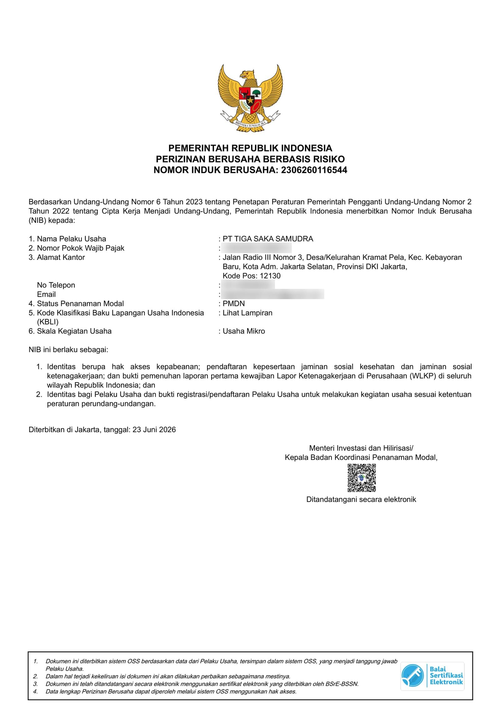 Business Identification Number (NIB) of PT Tiga Saka Samudra